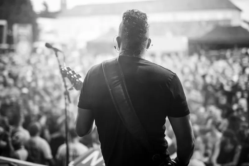 concert-Fear-Factory-Mozhell-bassiste-dos-foule-scene-noir-blanc
