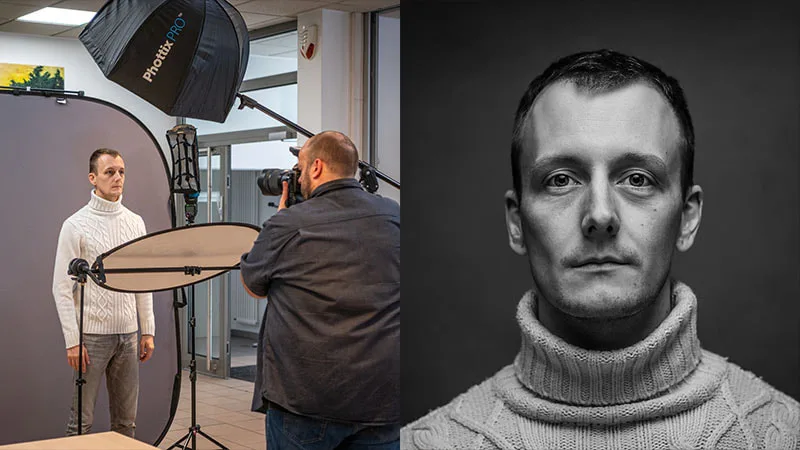 Coulisses d'un shooting photo de portrait masculin en studio avec un flash